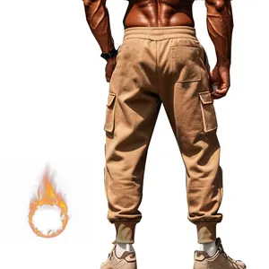 Detailed rear view of men's khaki fleece-lined multi-pocket cargo jogging pants