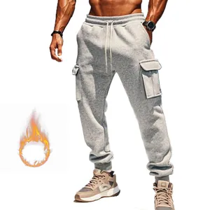 Men's grey fleece-lined cargo sweatpants with multi-pockets for winter warmth