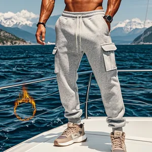 Men's athletic grey fleece-lined cargo sweatpants featuring multiple utility pockets