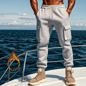 Men's premium grey fleece cargo sweatpants with multi-pockets and drawstring waist for winter.