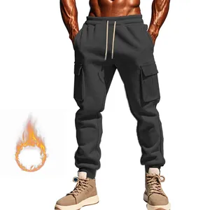 Men's fleece-lined thermal cargo jogger pants with multiple pockets in black color