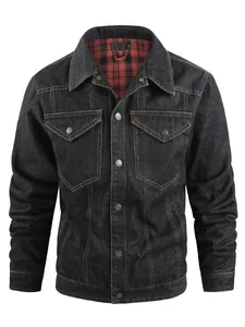 Veste en jean classique pour hommes avec doublure en flanelle à carreaux rouges
