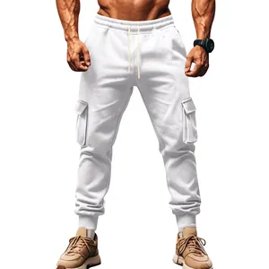 Detailed view of white men's cargo joggers featuring side flap pockets and tapered cuffs