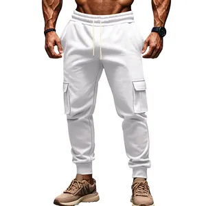 Men's white cargo sweatpants with multi-pockets and drawstring waist detail