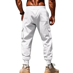 Detailed back view of men's white fleece cargo joggers with functional utility pockets