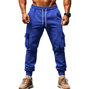 Modern blue men's multi-pocket cargo pants with drawstring waist and cuffed ankles