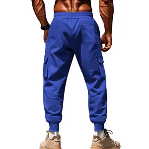Detailed back view of men's blue winter fleece cargo joggers featuring functional multi-pockets