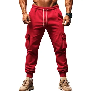Men's red fleece-lined cargo joggers with multi-pocket design and drawstring waist