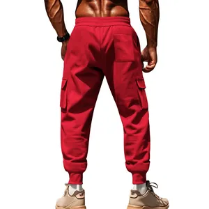 Rear detail view of men's red athletic cargo joggers with warm fleece lining