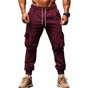 Macro detail of men's maroon fleece-lined cargo sweatpants featuring functional side pockets