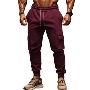 Mens slim fit fleece cargo joggers in burgundy with side pockets and elastic waist