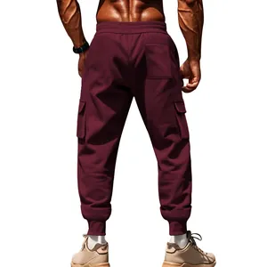 Back view of men's burgundy fleece cargo pants with multi-pocket athletic design