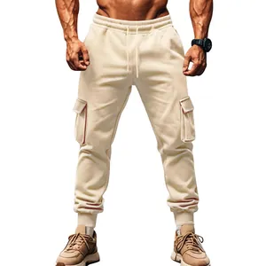 Beige fleece-lined cargo joggers for men with multi-pockets and drawstring waist