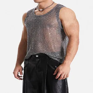 Débardeur homme élégant en mesh à paillettes argentées pour les soirées et le clubbing