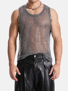 Débardeur transparent à paillettes argentées pour homme, idéal pour les soirées