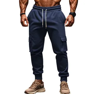 Men's navy blue fleece-lined cargo sweatpants with multi-pockets for gym and casual wear