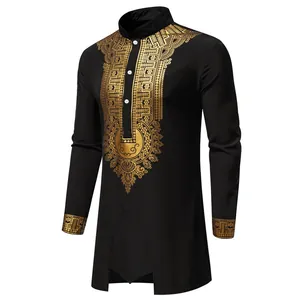 Front view of men's black ethnic tunic with intricate gold metallic print