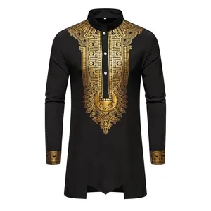 Men's ethnic long-sleeved shirt featuring a gold metallic Dashiki-style print on black