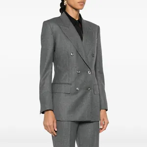 Professional grey suit blazer accented with premium imported black shell buttons