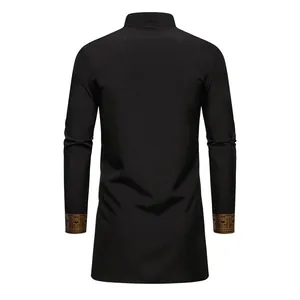 Back view of men's black ethnic style long tunic shirt featuring gold printed cuffs