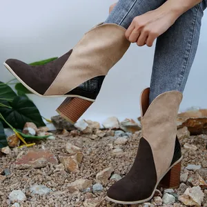 Bottes de cow-boy pour femmes en daim bicolore avec talons épais élégants style bois
