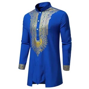 Detailed view of traditional men's blue dashiki robe with intricate gold foil printing