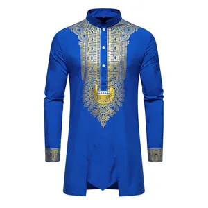 Front detail of men's blue ethnic long-sleeved robe featuring intricate gold stamping print