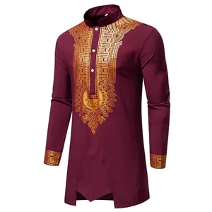 Men's ethnic burgundy long robe with intricate gold foil printing and mandarin collar