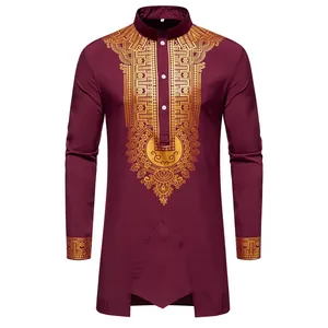 Detailed front view of men's burgundy ethnic tunic with gold tribal print pattern