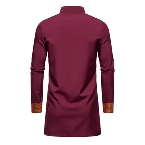 Back view of men's burgundy ethnic robe with gold printed cuffs detail