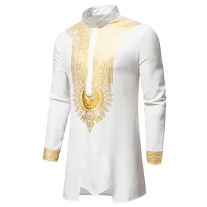 Detailed view of a white men's ethnic robe featuring golden foil printed patterns