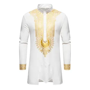 Detailed view of men's white long-sleeve tunic featuring gold foil ethnic dashiki patterns