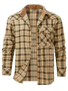 Men Western Plaid Flannel Shirt Jacket Long Sleeve Pearl Snap Casual Shacket Top With Chest Pocket For Autumn Winter