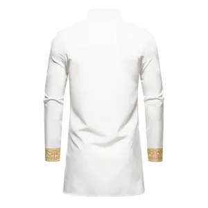 Back view of white men's ethnic long robe featuring detailed gold patterned cuffs