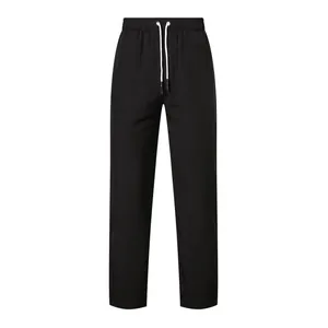 Front view of men's black casual trousers with elastic waist and white drawstring