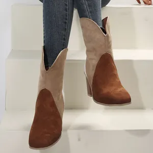 Bottes de cowboy occidentales bicolores en daim pour femmes avec bout pointu et talon