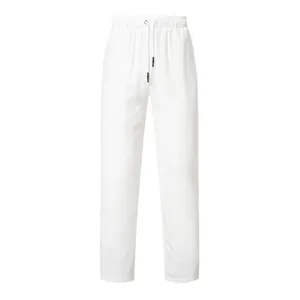 Detailed front view of men's white casual trousers with an adjustable drawstring waist