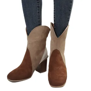 Bottes de cowboy western pour femmes en daim bicolore avec talon bloc et tige en V