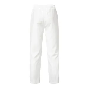 Detailed back view of minimalist men's white ethnic style leisure trousers with elastic waist