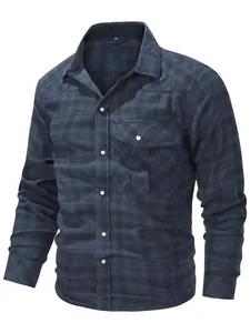 Classic navy blue plaid flannel shirt with snap buttons and chest pocket