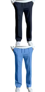 Vergleich von dunkelblauen und hellblauen Herren Freizeithosen mit geradem Bein und Nahtdetail.