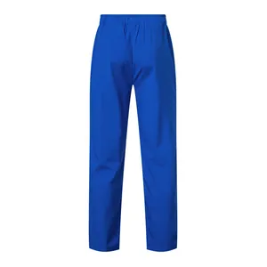 Back view of blue casual straight pants with comfortable elastic waistband