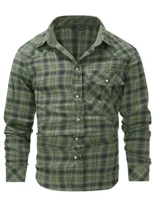 Men's green plaid flannel shirt with long sleeves and classic button-down collar