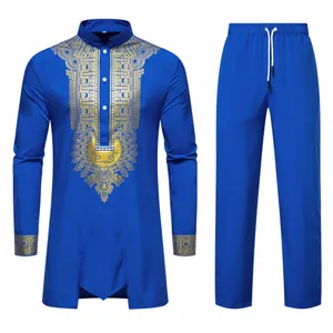 Royal blue men's ethnic style set with gold foil printing and drawstring pants.