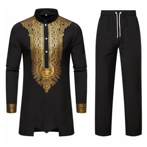 Men's two-piece ethnic set with black long sleeve tunic shirt and trousers gold print.
