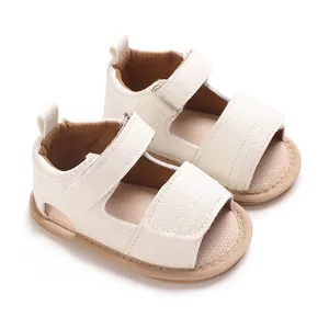 Sandales d'été pour bébé en cuir PU blanc avec semelles en caoutchouc souples antidérapantes
