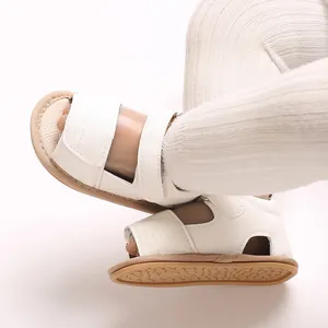 Sandales pour bébé en cuir PU blanc avec semelle souple antidérapante pour bébés
