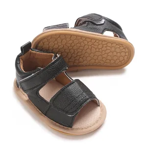 Sandales d'été pour bébés en cuir PU noir avec semelle en caoutchouc beige antidérapante