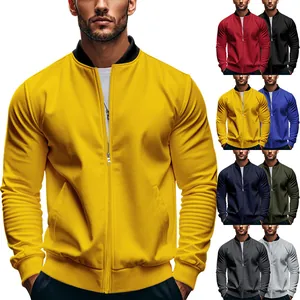 Detailed collage of men's stand-up collar bomber jackets in multiple color options
