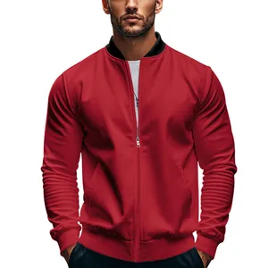 Detailed shot of the silver zipper and ribbed stand-up collar on a red men's jacket.